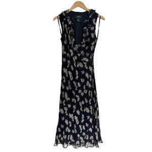 Ralph Lauren Size 6 Silk Navy Blue Floral Maxi Dress